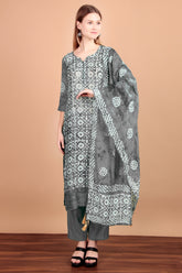 Ambarlyn Womens Silk Ethnic Batik Printed Salwar Kameez - Chikankari Embroidered Schiffli Cutwork